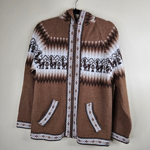 Mens Little Llamas Hooded Alpaca Wool Knitted Jacket Hoodie Sweater medium - Picture 2 of 7